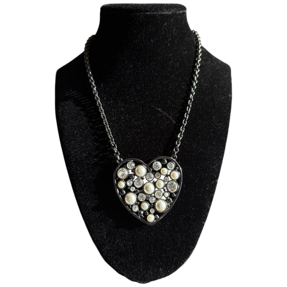 Heart Pendant Necklace with Pearls and Crystals on Adustable Gun Metal Chain